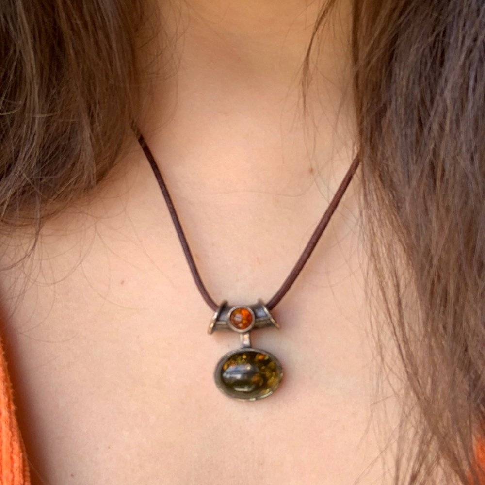 Vintage .925 Sterling Silver Amber Pendant - Viking Style